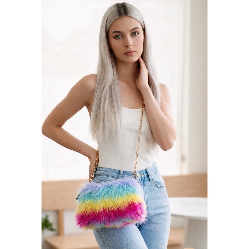 Caleesa Rainbow Faux Fur Mini Bag Y2K Fluffy Purse Chain Strap NWT